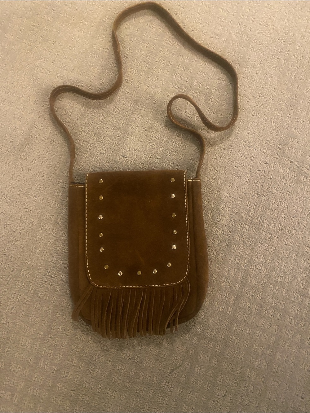 Suede Fringe Crossbody Bag with Stud Accents - Brown